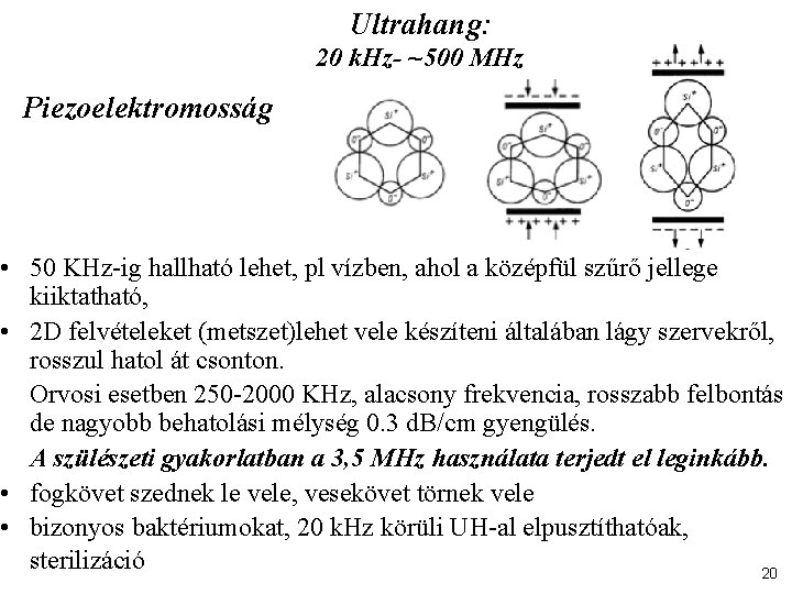 Ultrahang: 20 k. Hz- ~500 MHz Piezoelektromosság • 50 KHz-ig hallható lehet, pl vízben,