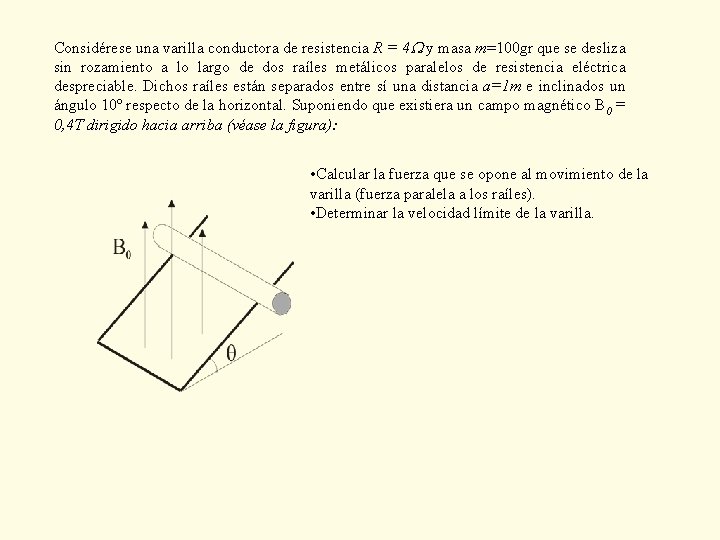 Considérese una varilla conductora de resistencia R = 4 y masa m=100 gr que Considérese una varilla conductora de resistencia R = 4 y masa m=100 gr que