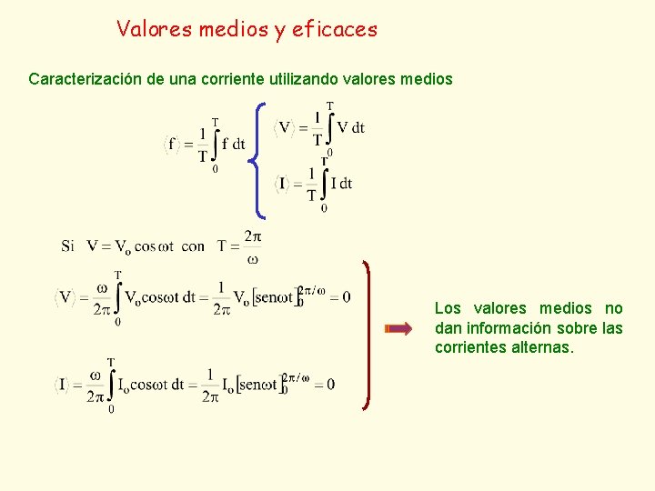 Valores medios y eficaces Caracterización de una corriente utilizando valores medios Los valores medios Valores medios y eficaces Caracterización de una corriente utilizando valores medios Los valores medios