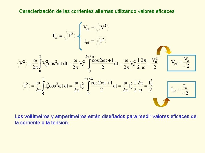 Caracterización de las corrientes alternas utilizando valores eficaces Los voltímetros y amperímetros están diseñados Caracterización de las corrientes alternas utilizando valores eficaces Los voltímetros y amperímetros están diseñados