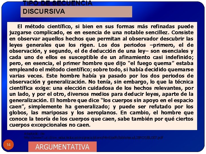 TIPO DE SECUENCIA DISCURSIVA El método científico, si bien en sus formas más refinadas TIPO DE SECUENCIA DISCURSIVA El método científico, si bien en sus formas más refinadas