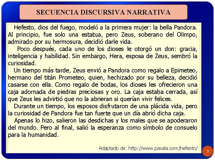 SECUENCIA DISCURSIVA NARRATIVA Hefesto, dios del fuego, modeló a la primera mujer: la bella SECUENCIA DISCURSIVA NARRATIVA Hefesto, dios del fuego, modeló a la primera mujer: la bella