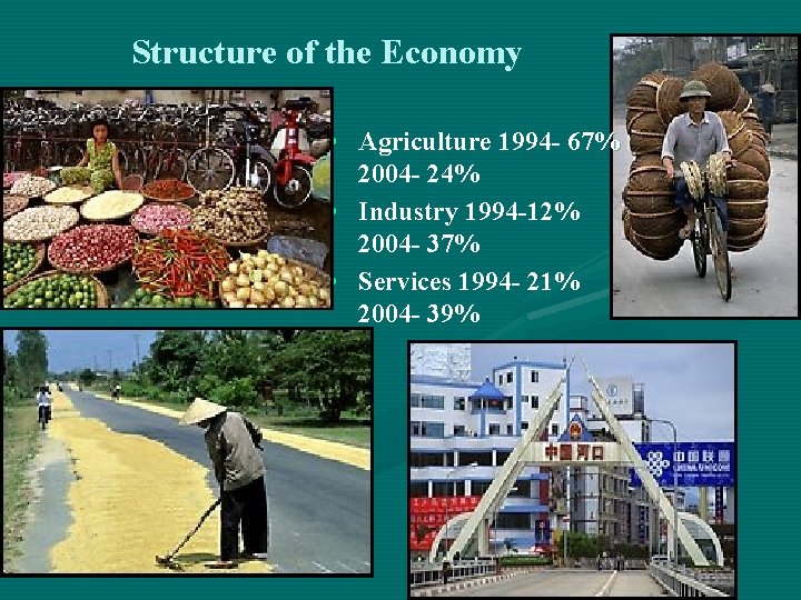 Structure of the Economy • Agriculture 1994 - 67% 2004 - 24% • Industry