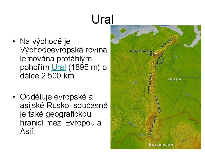 Ural • Na východě je Východoevropská rovina lemována protáhlým pohořím Ural (1895 m) o