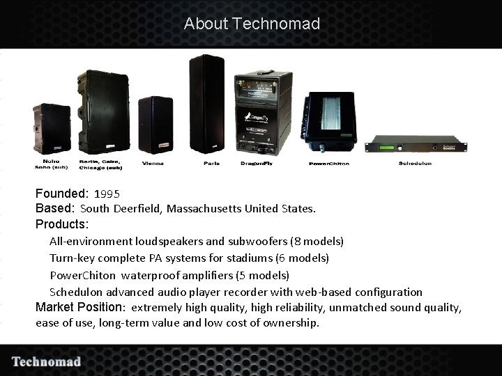 About Technomad • Founded: 1995 Based: South Deerfield, Massachusetts United States. Products: • All-environment
