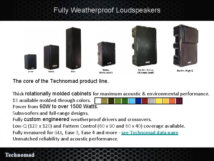 Fully Weatherproof Loudspeakers Berlin High. Q The core of the Technomad product line. Thick