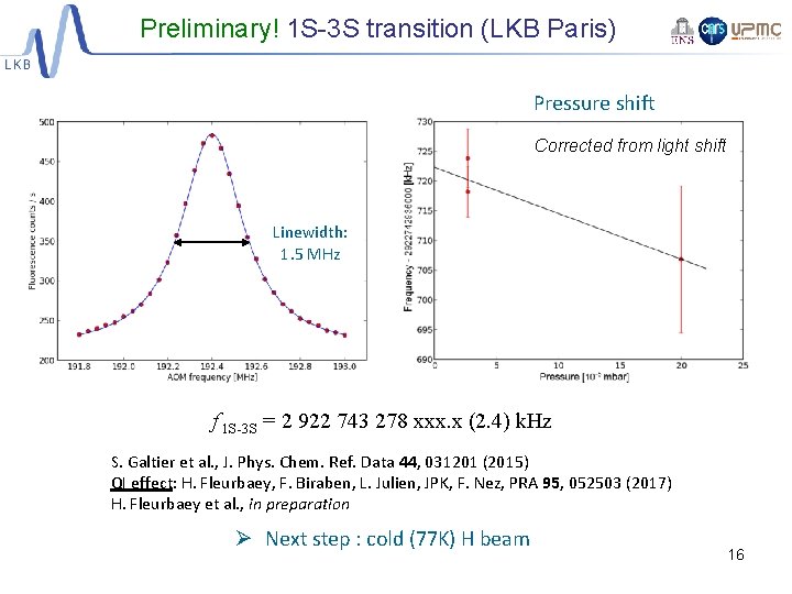 Preliminary! 1 S-3 S transition (LKB Paris) Pressure shift Corrected from light shift Linewidth:
