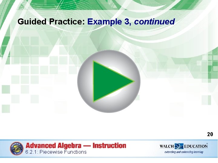 Guided Practice: Example 3, continued 20 6. 2. 1: Piecewise Functions 