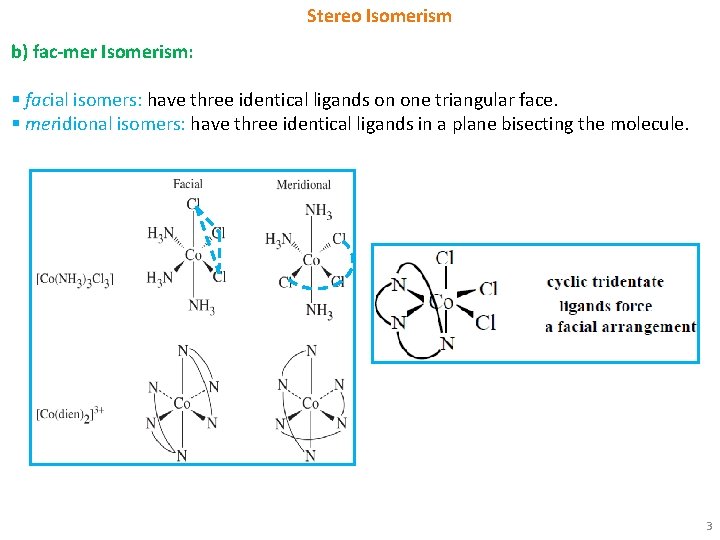 Stereo Isomerism b) fac-mer Isomerism: § facial isomers: have three identical ligands on one