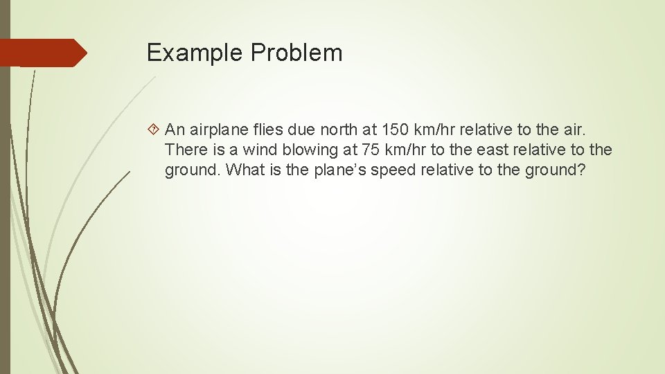 Example Problem An airplane flies due north at 150 km/hr relative to the air.