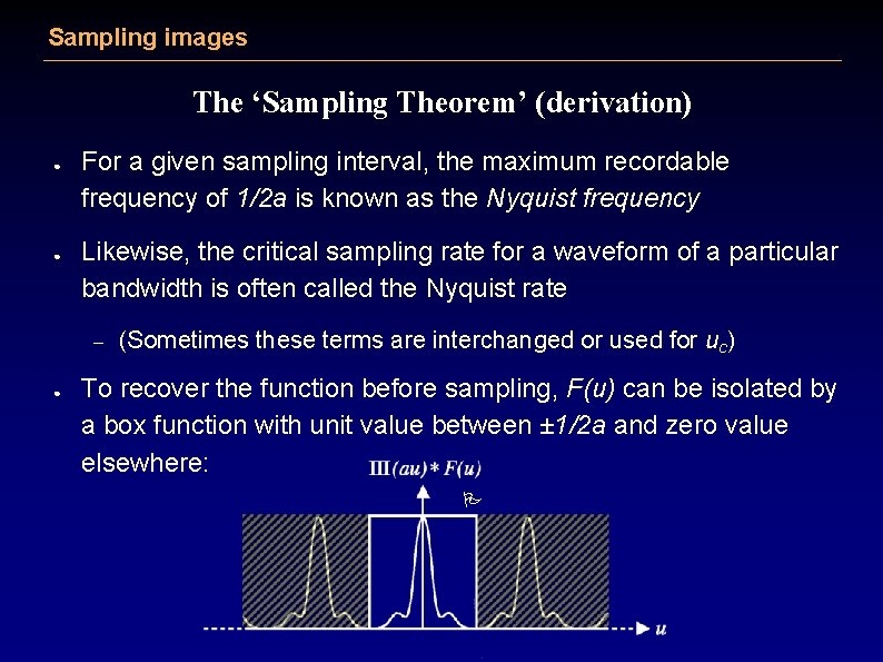 Sampling images The ‘Sampling Theorem’ (derivation) ● ● For a given sampling interval, the