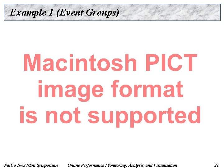 Example 1 (Event Groups) Par. Co 2003 Mini-Symposium Online Performance Monitoring, Analysis, and Visualization
