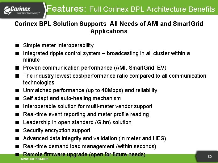  Features: Full Corinex BPL Architecture Benefits Corinex BPL Solution Supports All Needs of