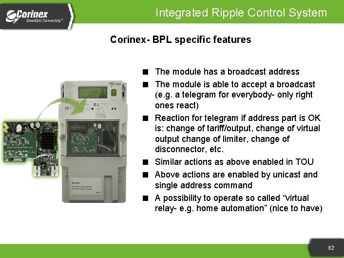 Integrated Ripple Control System Corinex- BPL specific features ■ ■ ■ The module has
