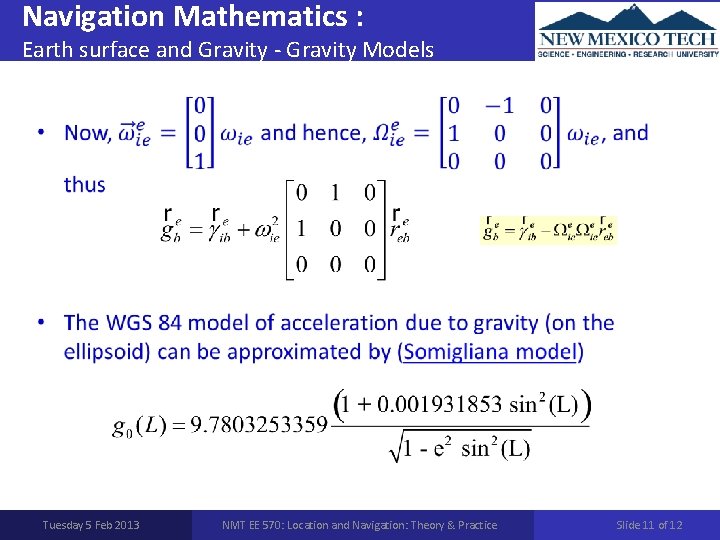 Navigation Mathematics : Earth surface and Gravity - Gravity Models • Tuesday 5 Feb