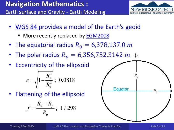 Navigation Mathematics : Earth surface and Gravity - Earth Modeling • Equator Tuesday 5