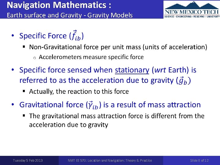 Navigation Mathematics : Earth surface and Gravity - Gravity Models • Tuesday 5 Feb