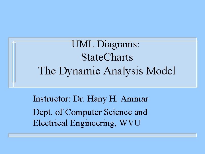 UML Diagrams: State. Charts The Dynamic Analysis Model Instructor: Dr. Hany H. Ammar Dept.