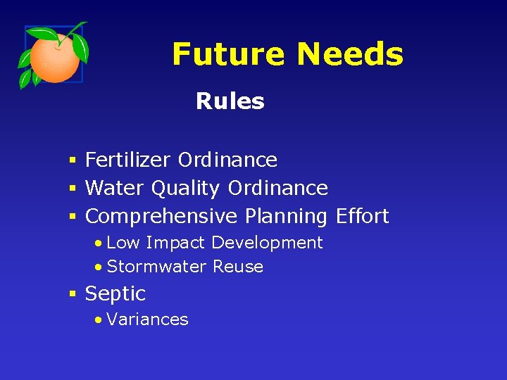 Future Needs Rules § Fertilizer Ordinance § Water Quality Ordinance § Comprehensive Planning Effort