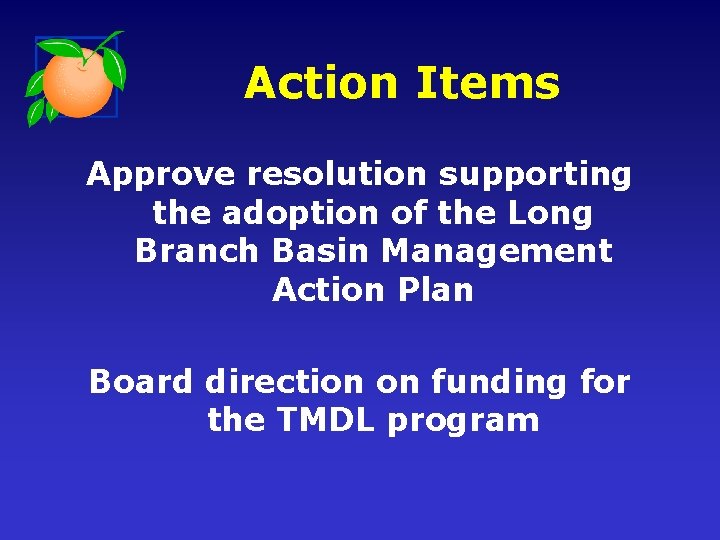 Action Items Approve resolution supporting the adoption of the Long Branch Basin Management Action
