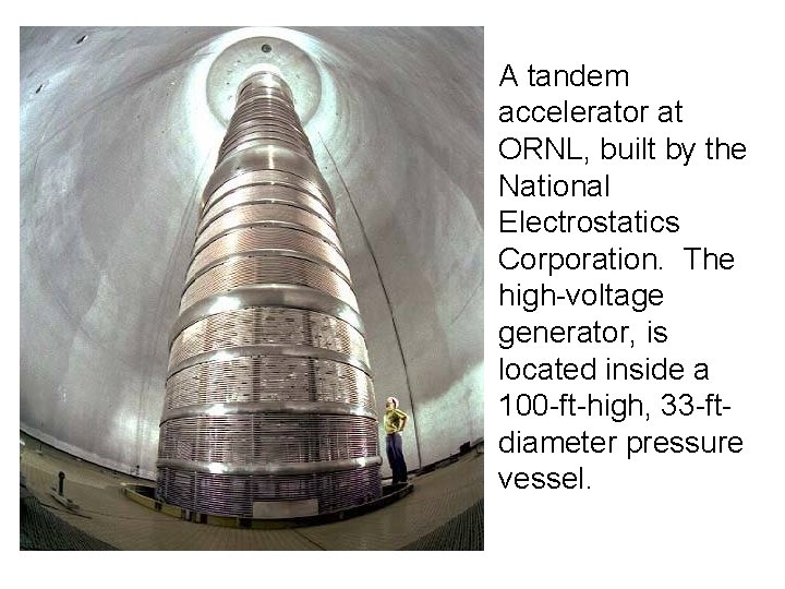 A tandem accelerator at ORNL, built by the National Electrostatics Corporation. The high-voltage generator,