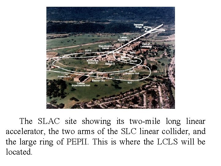The SLAC site showing its two-mile long linear accelerator, the two arms of the