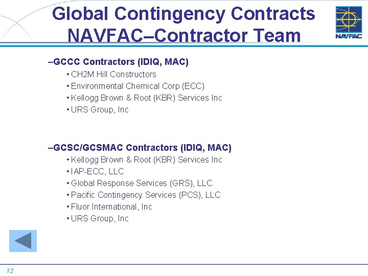 Global Contingency Contracts NAVFAC–Contractor Team –GCCC Contractors (IDIQ, MAC) • CH 2 M Hill