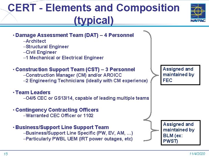 CERT - Elements and Composition (typical) • Damage Assessment Team (DAT) – 4 Personnel