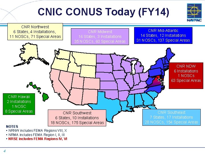 CNIC CONUS Today (FY 14) CNR Northwest 6 States, 4 Installations, 11 NOSCs, 71