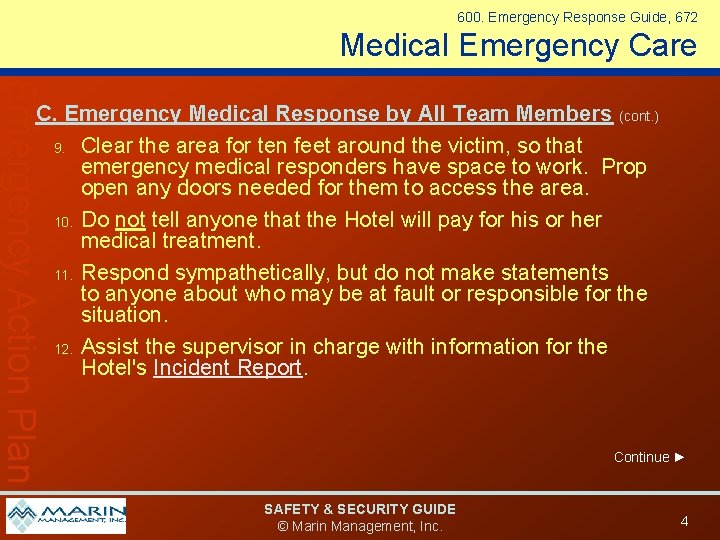 600. Emergency Response Guide, 672 Medical Emergency Care Emergency Action Plan C. Emergency Medical