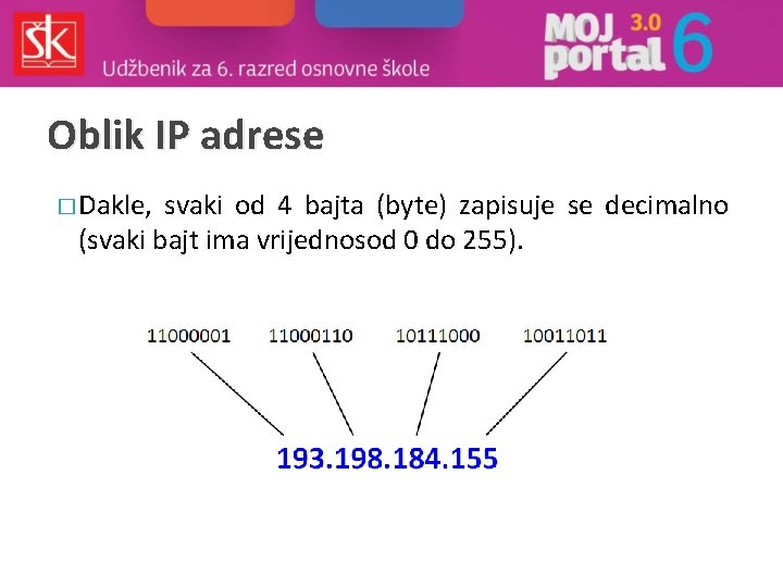 Oblik IP adrese � Dakle, svaki od 4 bajta (byte) zapisuje se decimalno (svaki