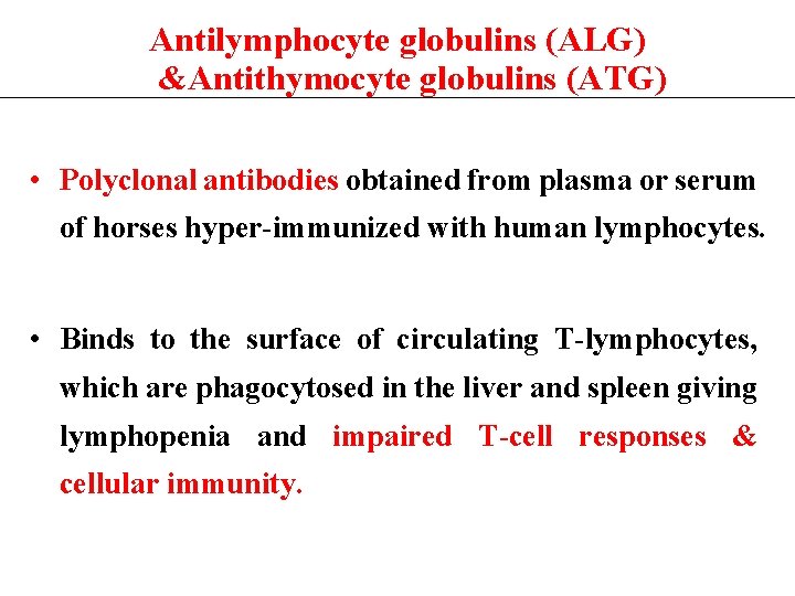 Antilymphocyte globulins (ALG) &Antithymocyte globulins (ATG) • Polyclonal antibodies obtained from plasma or serum