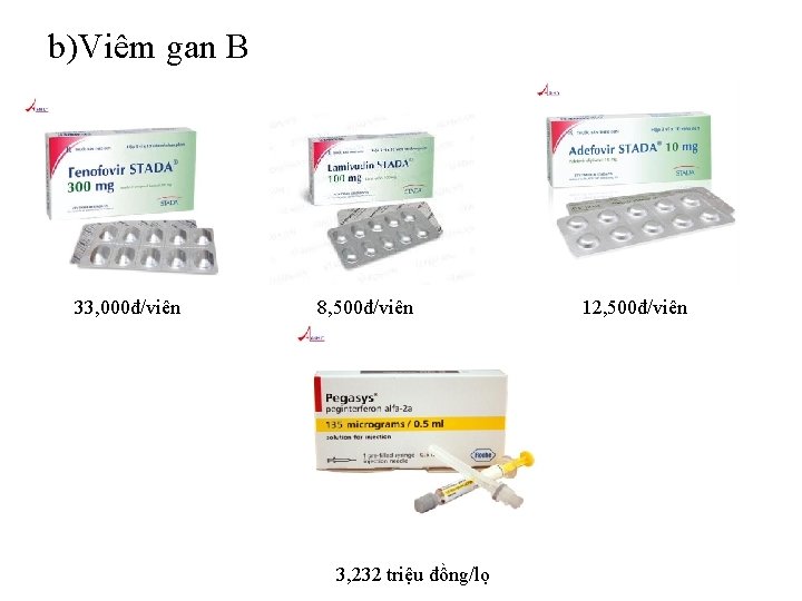 b)Viêm gan B 33, 000đ/viên 8, 500đ/viên 3, 232 triệu đồng/lọ 12, 500đ/viên 