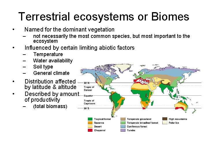 Terrestrial ecosystems or Biomes • Named for the dominant vegetation – • Influenced by