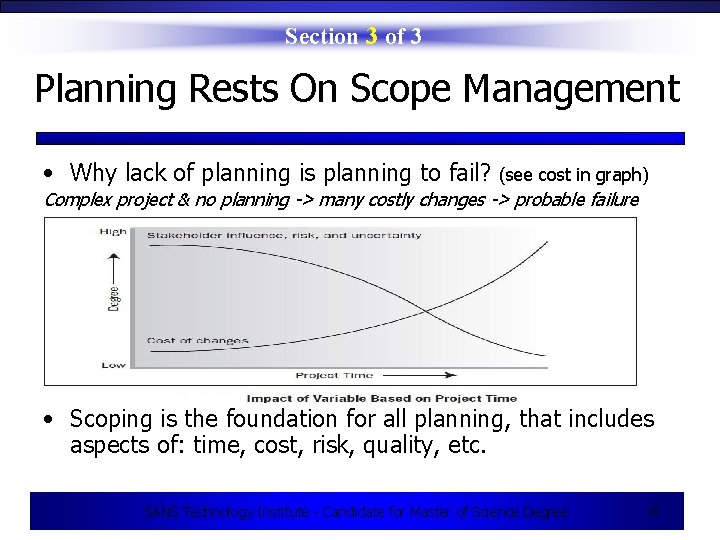 Section 3 of 3 Planning Rests On Scope Management • Why lack of planning