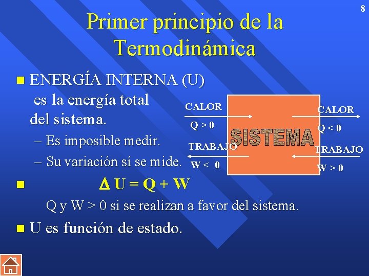 8 Primer principio de la Termodinámica n ENERGÍA INTERNA (U) es la energía total