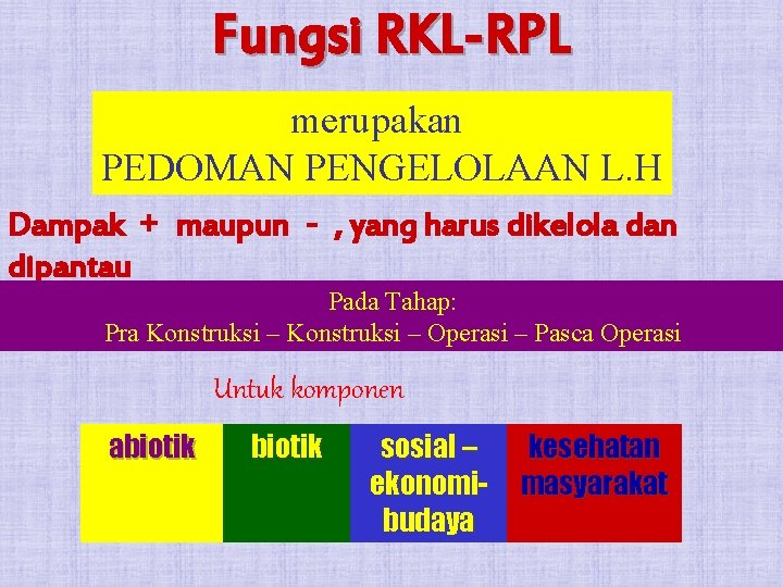 Fungsi RKL-RPL merupakan PEDOMAN PENGELOLAAN L. H Dampak + maupun - , yang harus