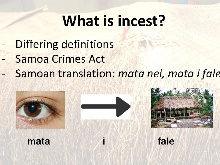 What is incest? - Differing definitions - Samoa Crimes Act - Samoan translation: mata