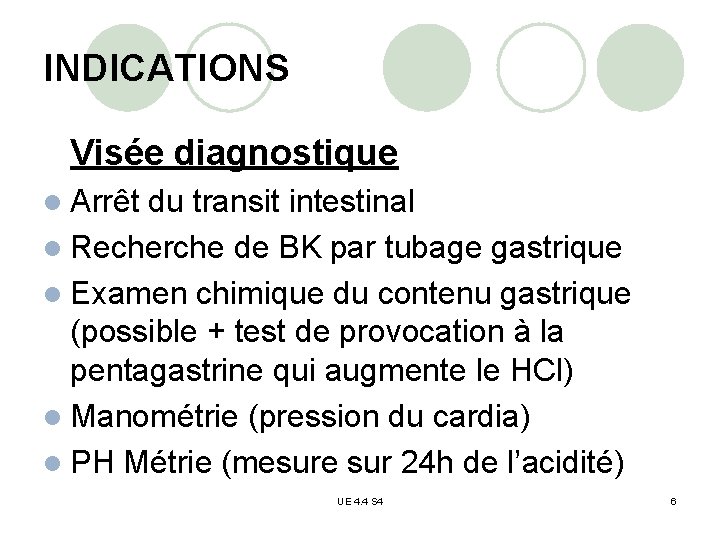 INDICATIONS Visée diagnostique l Arrêt du transit intestinal l Recherche de BK par tubage