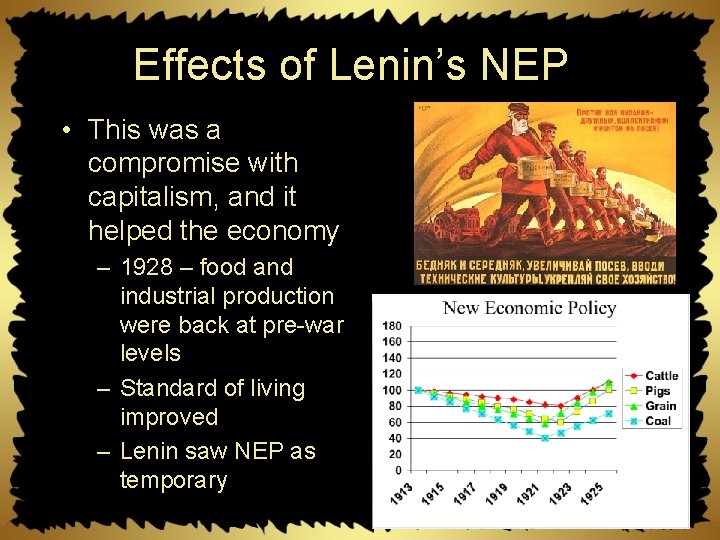 Effects of Lenin’s NEP • This was a compromise with capitalism, and it helped