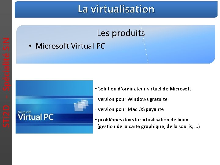 STI 2 D - Spécialité SIN La virtualisation Les produits • Microsoft Virtual PC