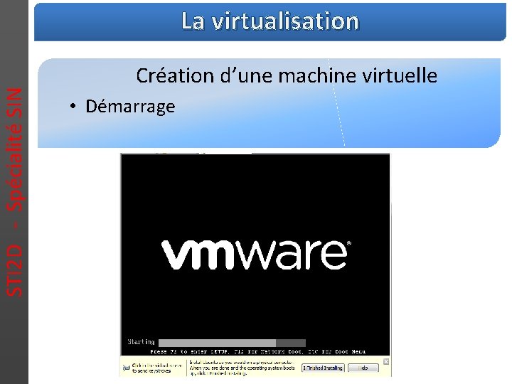 STI 2 D - Spécialité SIN La virtualisation Création d’une machine virtuelle • Démarrage