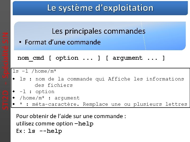 STI 2 D - Spécialité SIN Le système d’exploitation Les principales commandes • Format