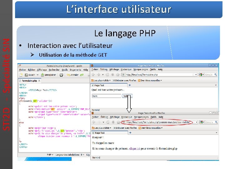 STI 2 D - Spécialité SIN L’interface utilisateur Le langage PHP • Interaction avec