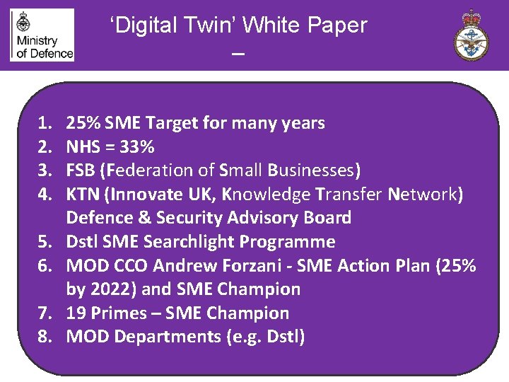 ‘Digital Twin’ White Paper – SME Engagement 1. 2. 3. 4. 5. 6. 7.