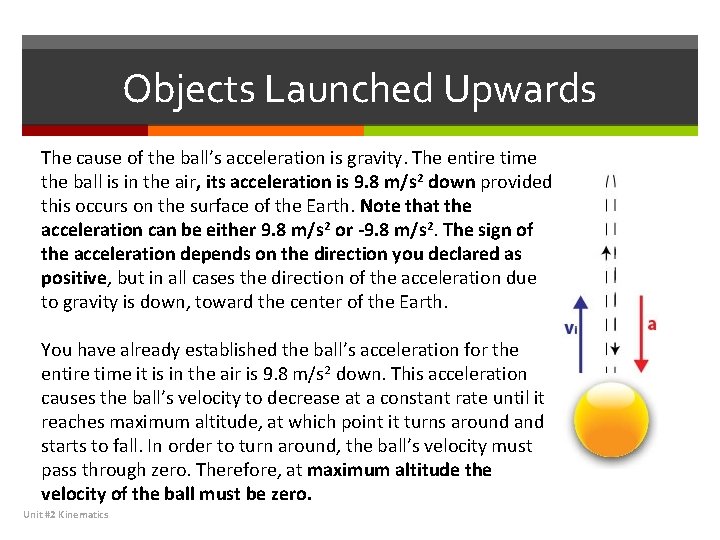 Objects Launched Upwards The cause of the ball’s acceleration is gravity. The entire time