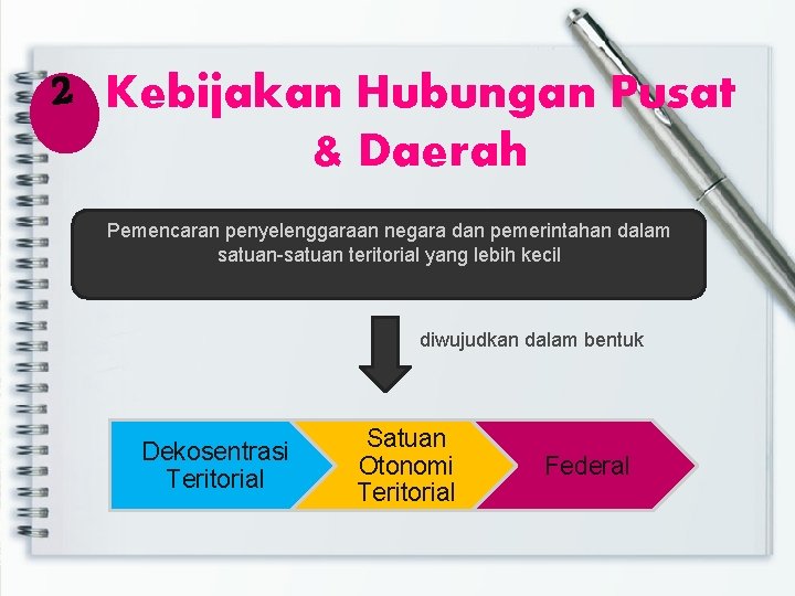 2 Kebijakan Hubungan Pusat & Daerah Pemencaran penyelenggaraan negara dan pemerintahan dalam satuan-satuan teritorial