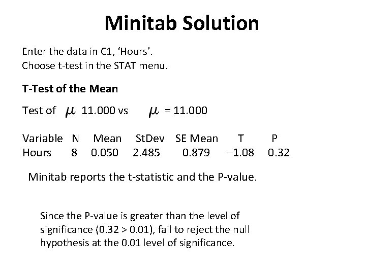 Minitab Solution Enter the data in C 1, ‘Hours’. Choose t-test in the STAT