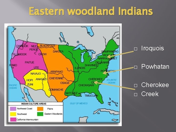 Eastern woodland Indians � Iroquois � Powhatan � Cherokee Creek � 