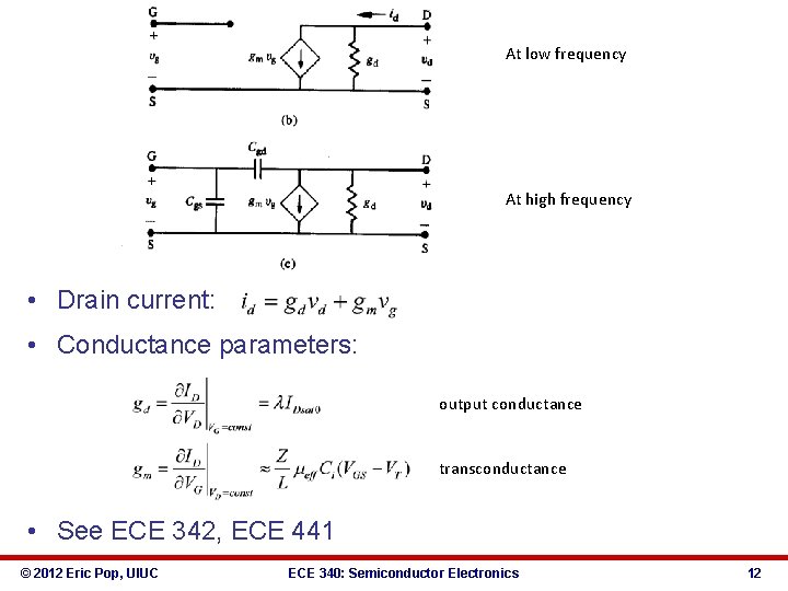 At low frequency At high frequency • Drain current: • Conductance parameters: output conductance